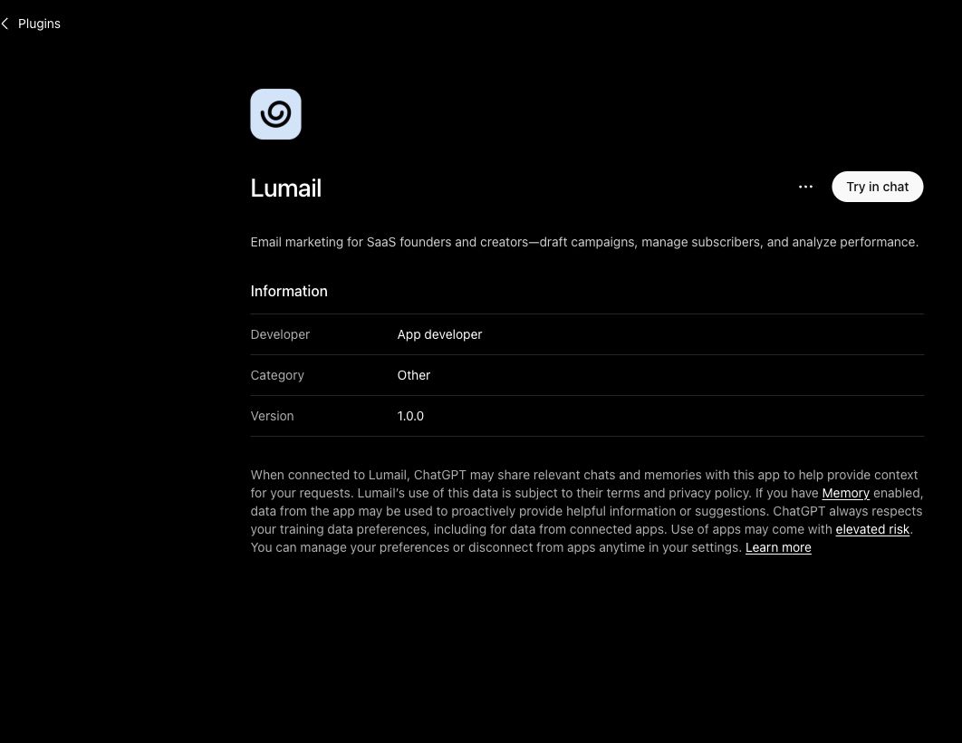 Lumail plugin detail page in ChatGPT with its email marketing description and Try in chat action